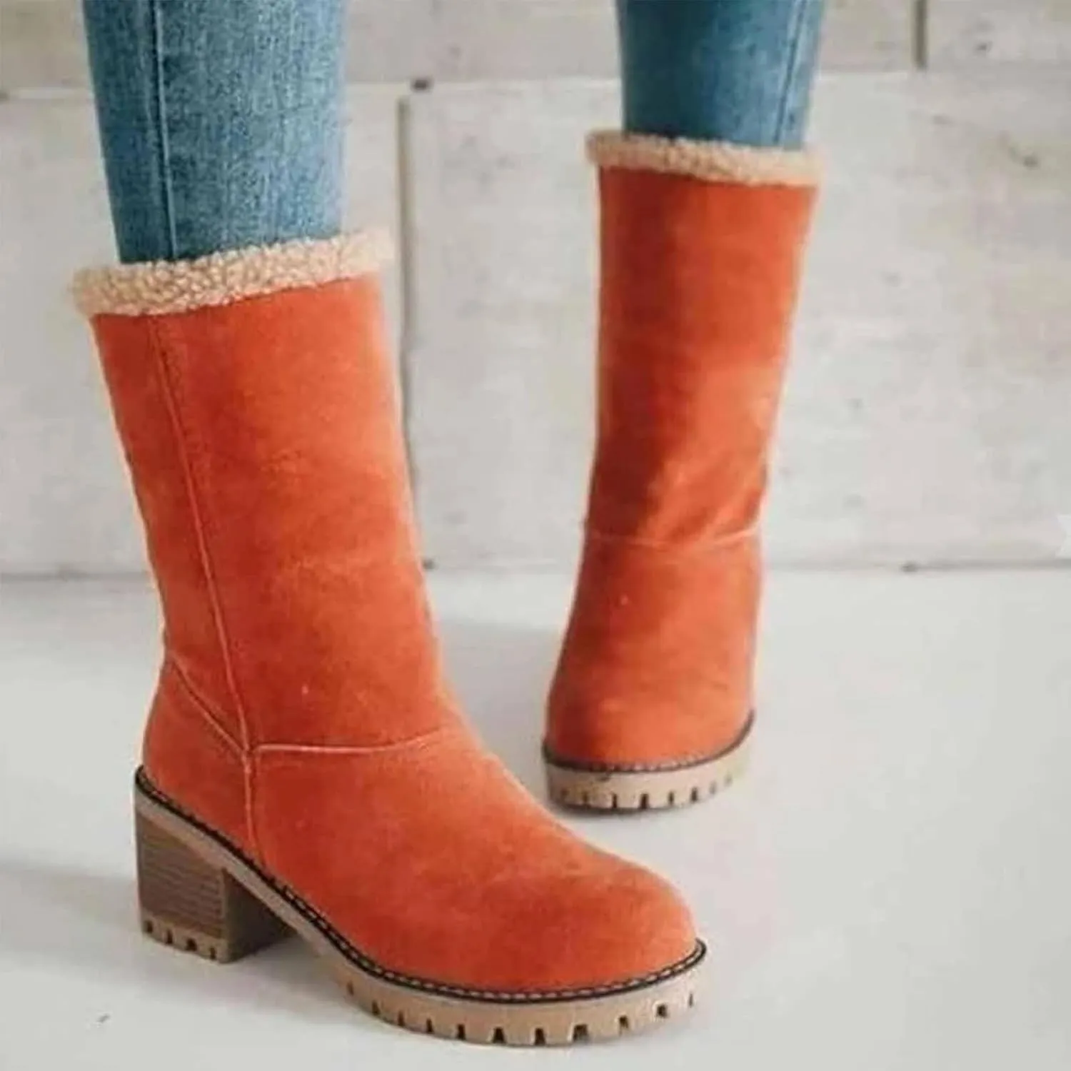 CLOUDEMO Winter Boots for Women, Women's Chunky Heel Round Toe Snow Boots, Seniors' Chunky Heel Winter Boots, Comfortable Mid Chunky Heel Suede Warm Fur Lined Boots