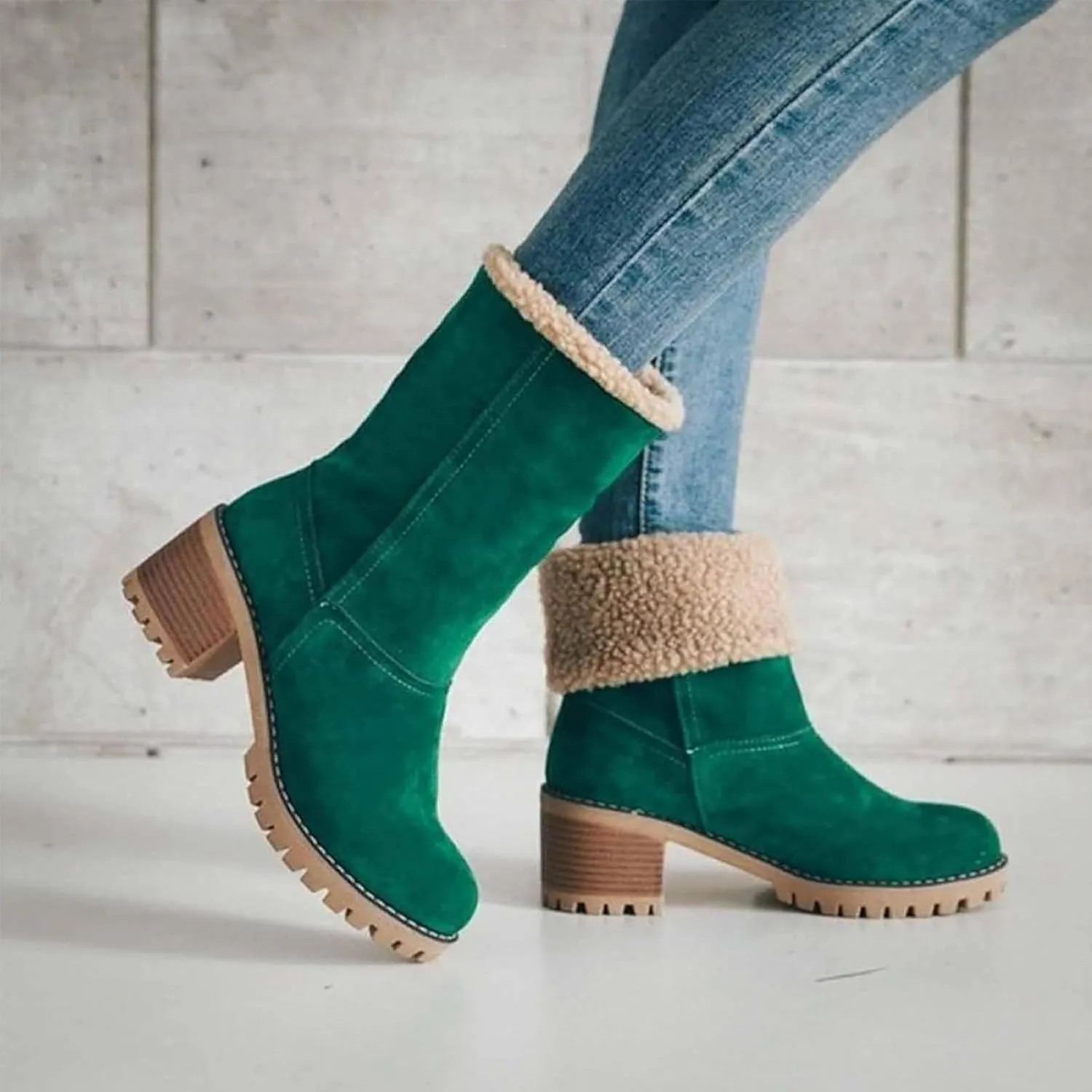 CLOUDEMO Winter Boots for Women, Women's Chunky Heel Round Toe Snow Boots, Seniors' Chunky Heel Winter Boots, Comfortable Mid Chunky Heel Suede Warm Fur Lined Boots