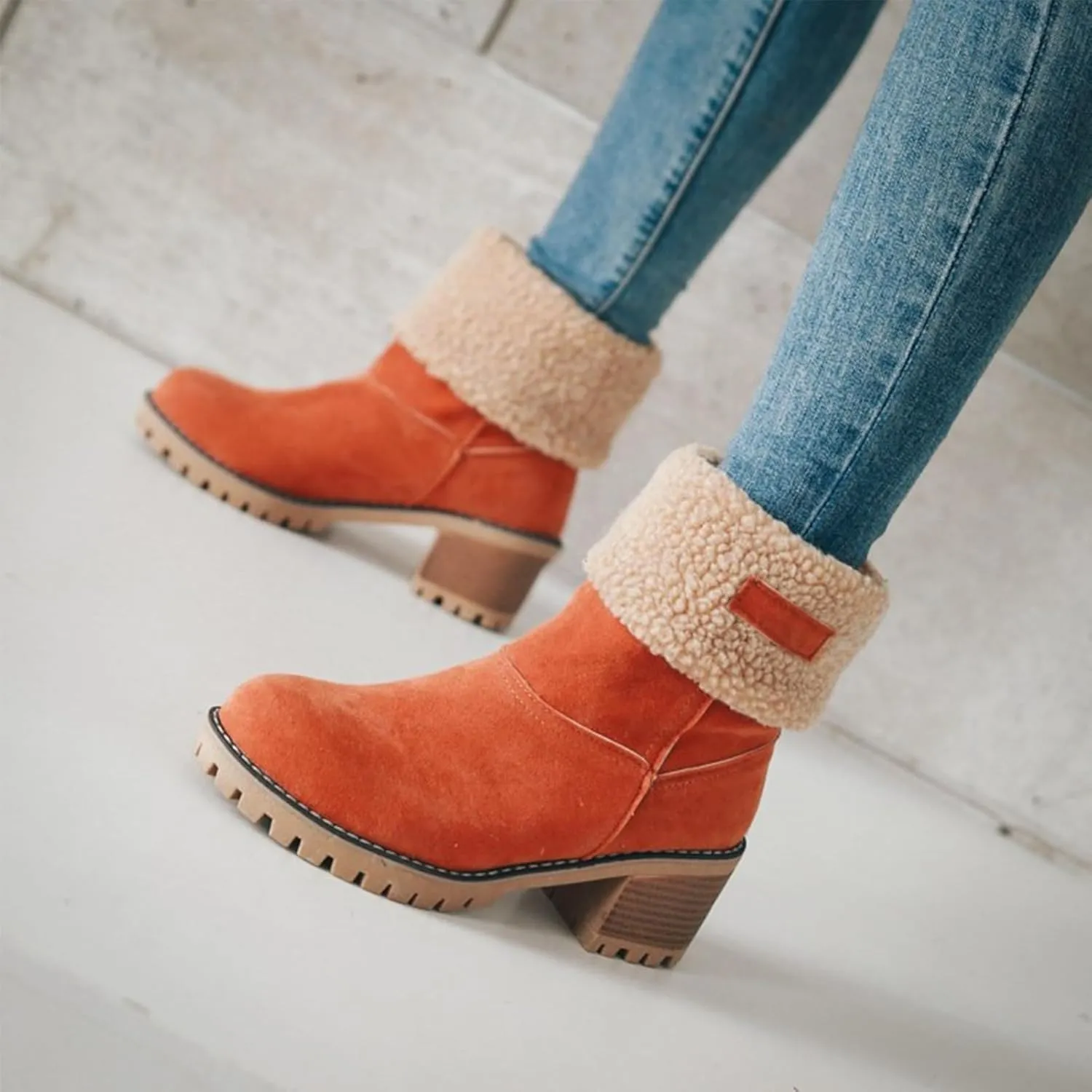 CLOUDEMO Winter Boots for Women, Women's Chunky Heel Round Toe Snow Boots, Seniors' Chunky Heel Winter Boots, Comfortable Mid Chunky Heel Suede Warm Fur Lined Boots