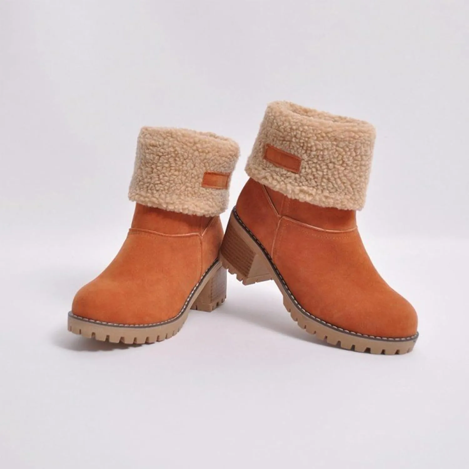 CLOUDEMO Winter Boots for Women, Women's Chunky Heel Round Toe Snow Boots, Seniors' Chunky Heel Winter Boots, Comfortable Mid Chunky Heel Suede Warm Fur Lined Boots