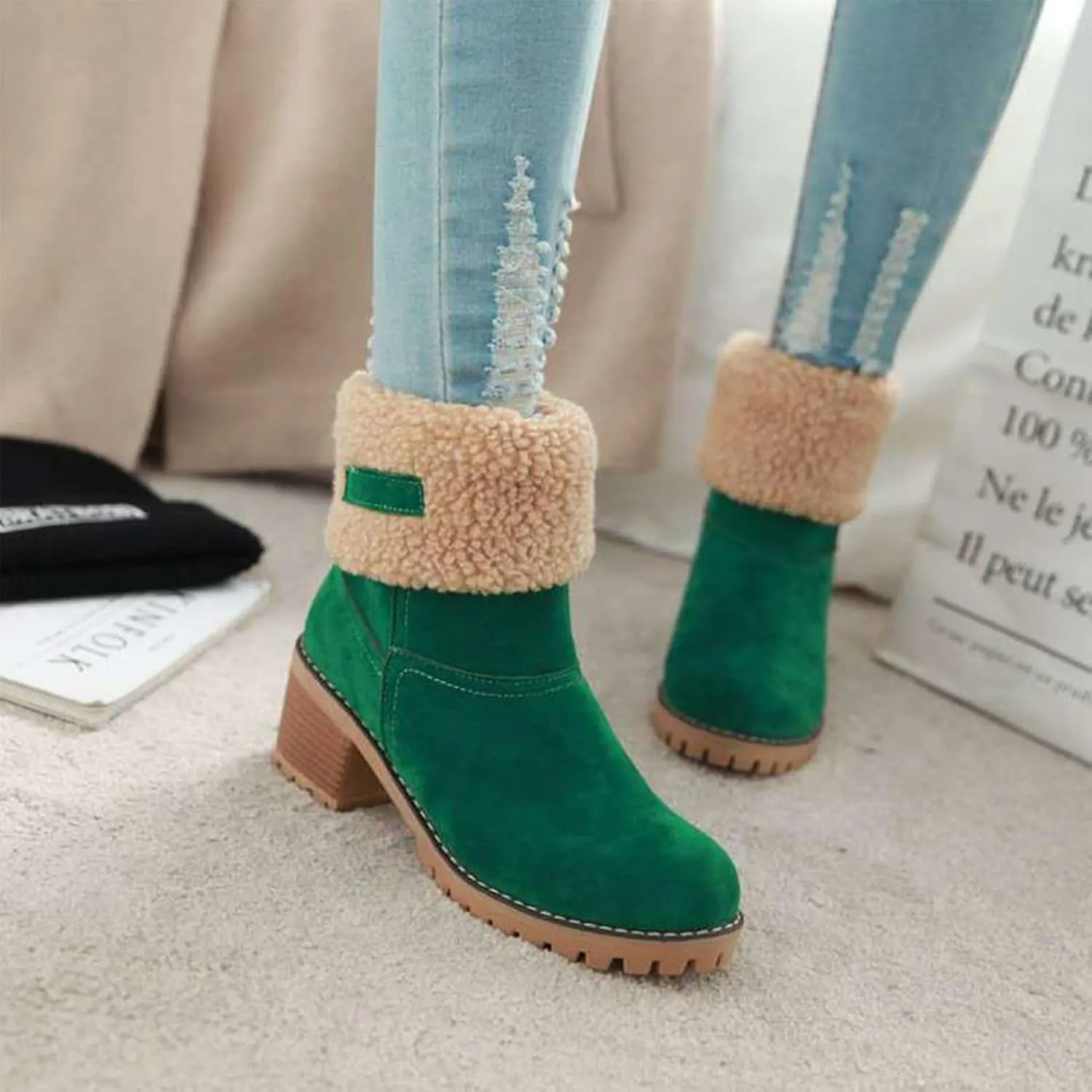 CLOUDEMO Winter Boots for Women, Women's Chunky Heel Round Toe Snow Boots, Seniors' Chunky Heel Winter Boots, Comfortable Mid Chunky Heel Suede Warm Fur Lined Boots