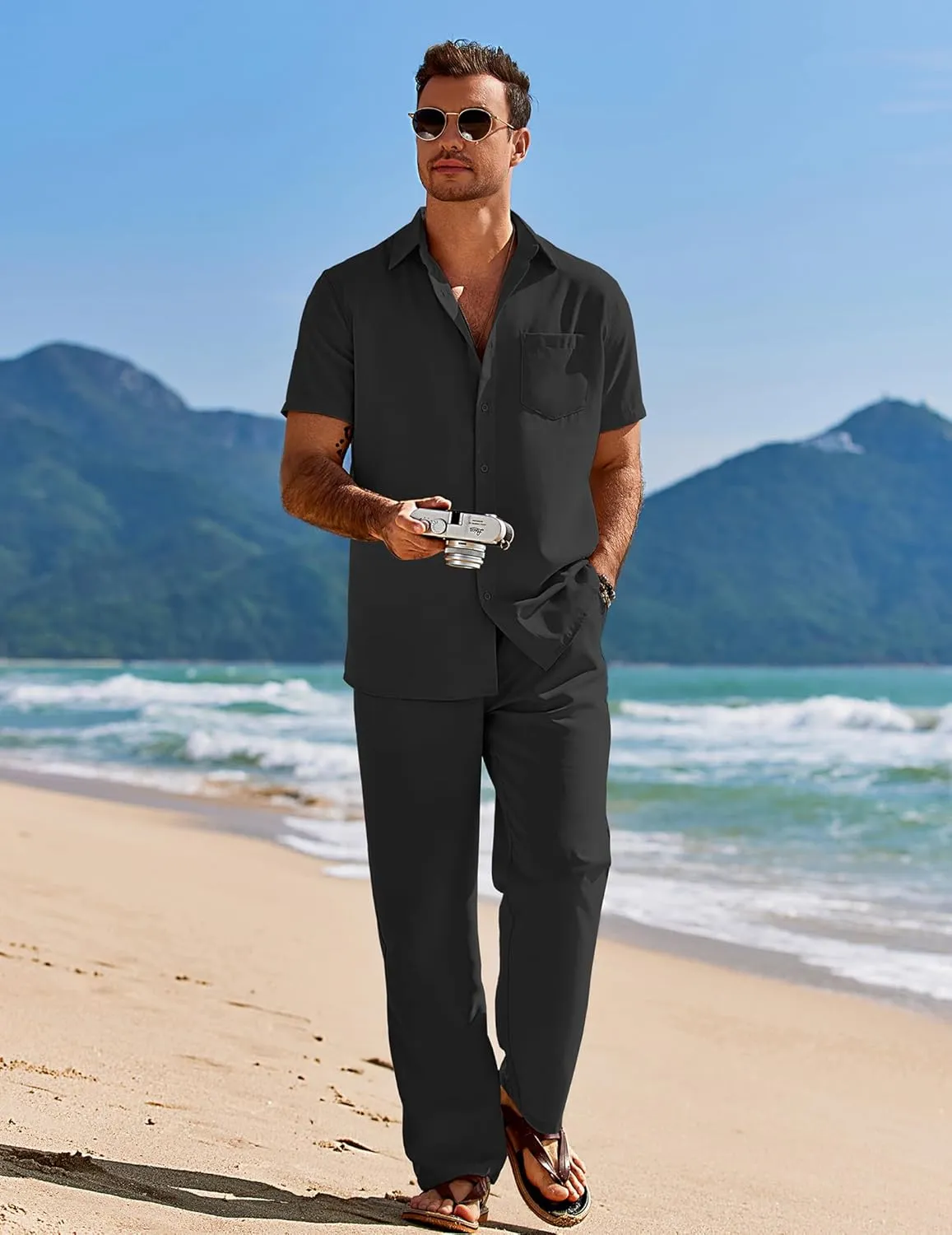 COOFANDY Mens 2 Piece Casual Beach Outfits Short Sleeve Button Down Shirts Summer Loose Pant Sets Vacation Walking Outfits