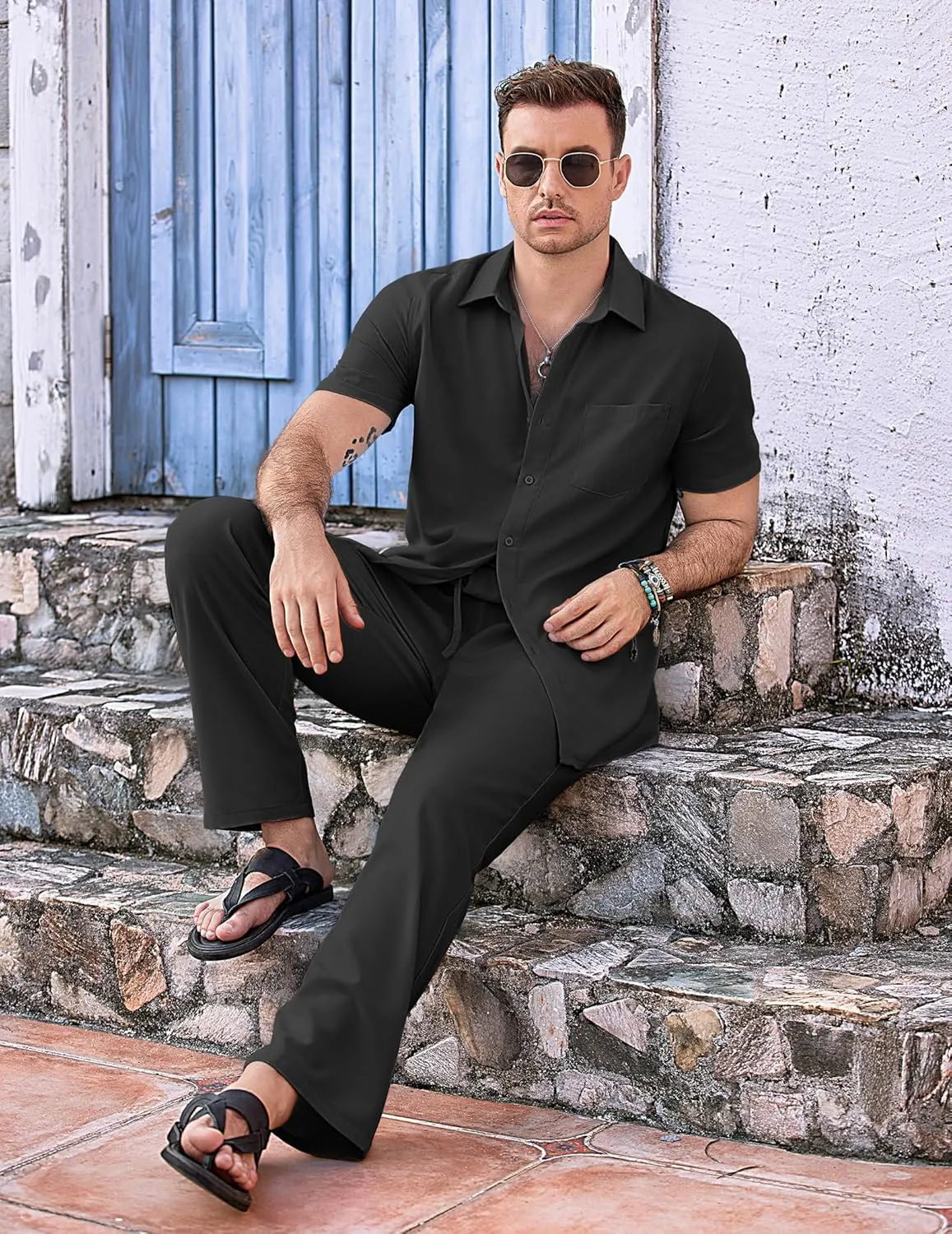 COOFANDY Mens 2 Piece Casual Beach Outfits Short Sleeve Button Down Shirts Summer Loose Pant Sets Vacation Walking Outfits