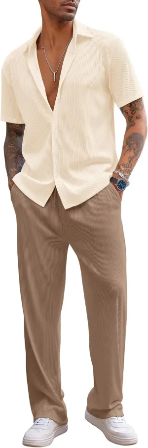 COOFANDY Men's 2 Piece Outfit Casual Short Sleeve Button Down Shirt Beach Summer Loose Pant Sets