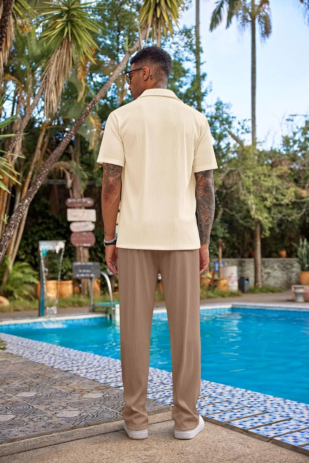 COOFANDY Men's 2 Piece Outfit Casual Short Sleeve Button Down Shirt Beach Summer Loose Pant Sets