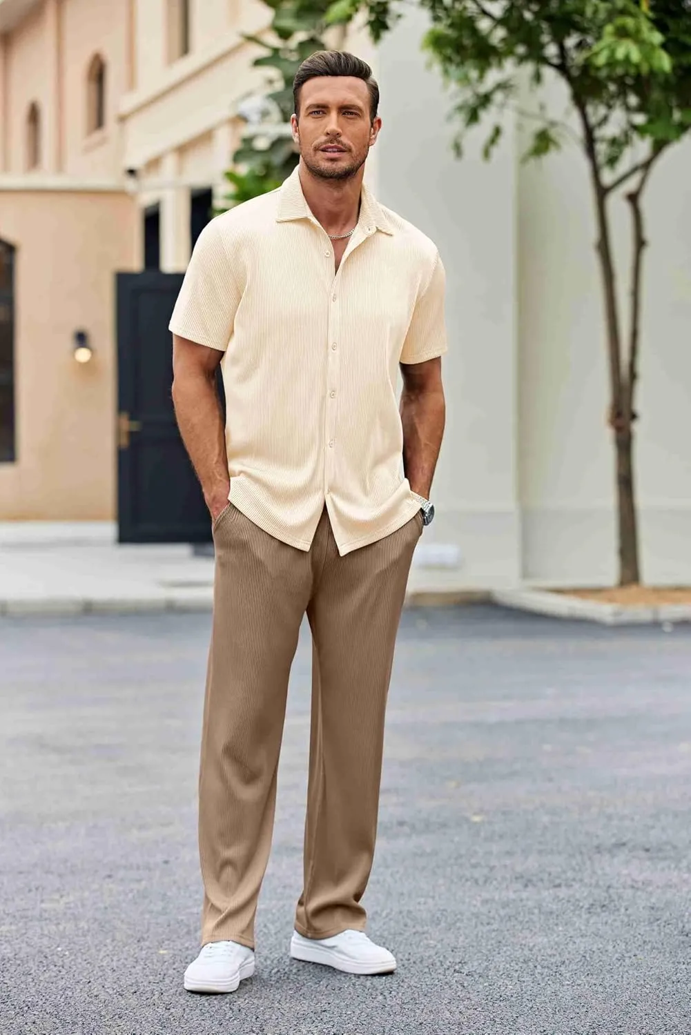 COOFANDY Men's 2 Piece Outfit Casual Short Sleeve Button Down Shirt Beach Summer Loose Pant Sets