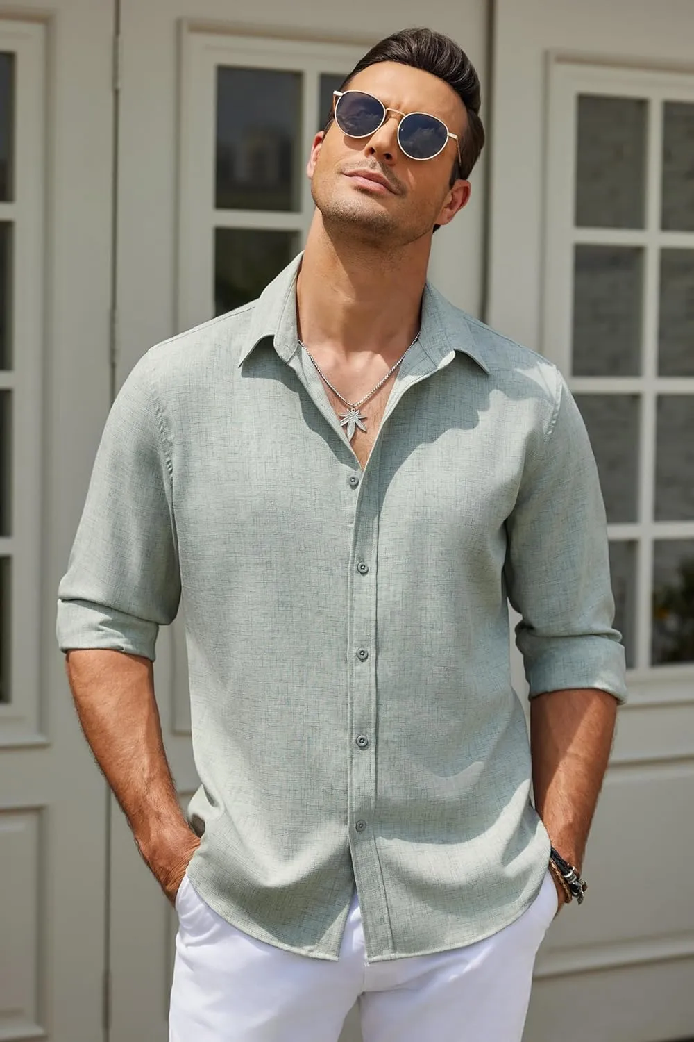 COOFANDY Men's Casual Button Down Shirt Long Sleeve Untucked Chambray Shirt Wrinkle Free Dress Shirts
