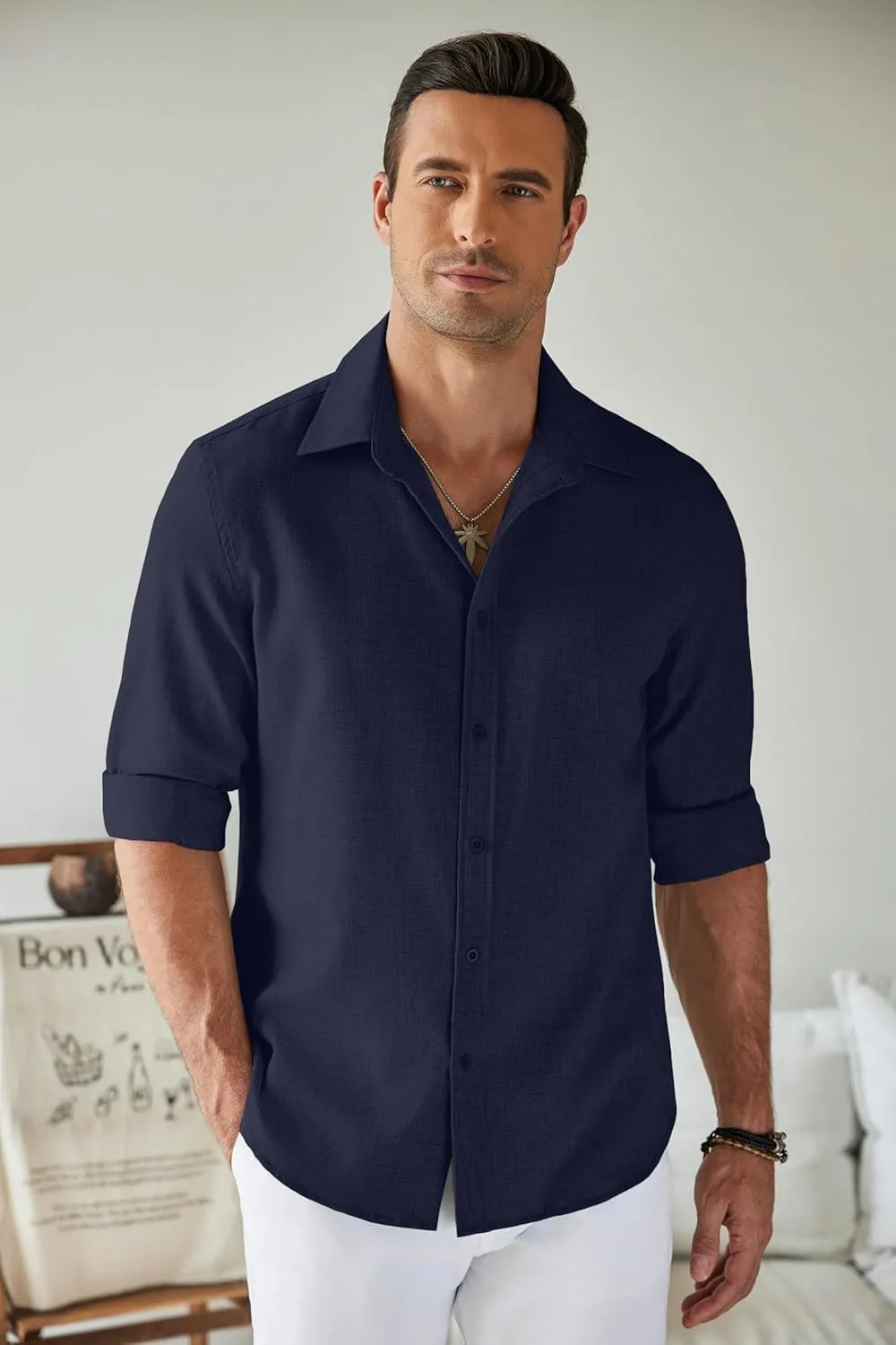 COOFANDY Men's Casual Button Down Shirt Long Sleeve Untucked Chambray Shirt Wrinkle Free Dress Shirts