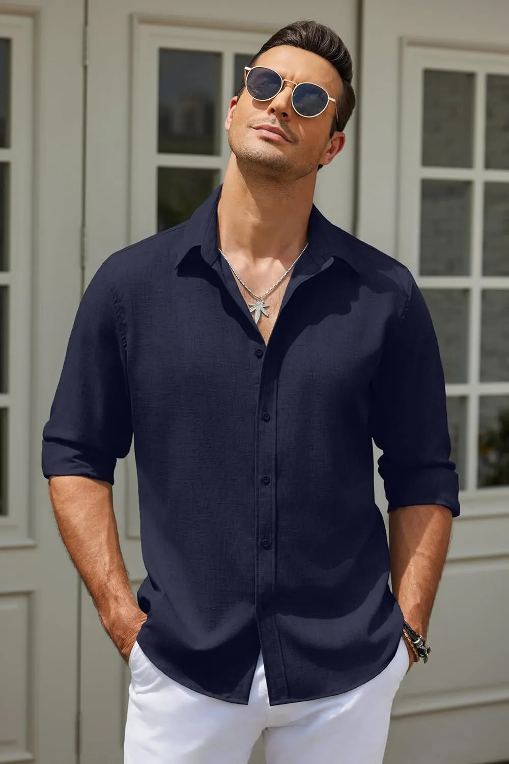 COOFANDY Men's Casual Button Down Shirt Long Sleeve Untucked Chambray Shirt Wrinkle Free Dress Shirts