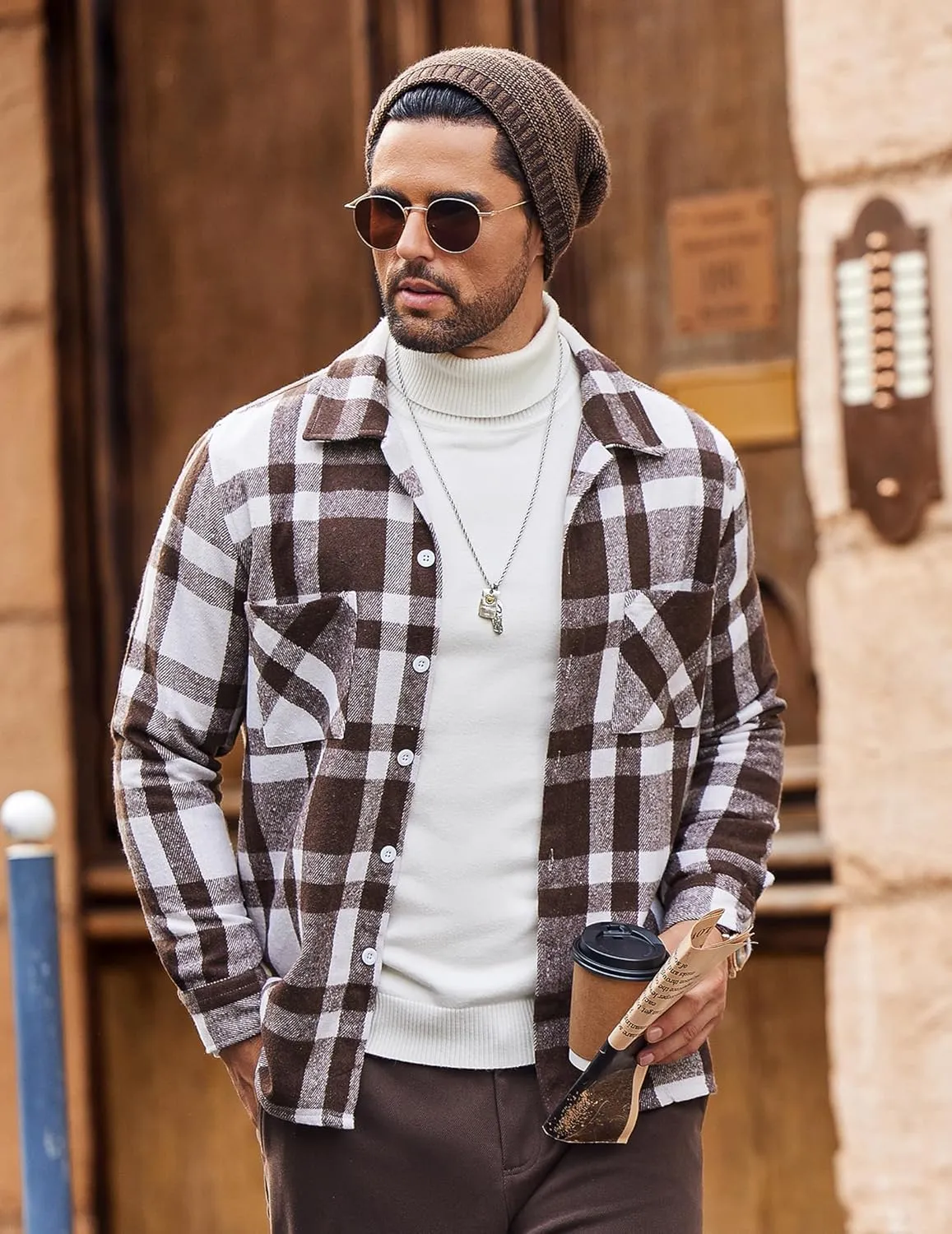 COOFANDY Men's Flannel Shirts Casual Button Down Plaid Shirt Jacket Long Sleeve Fleece Shacket with Pockets