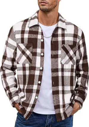 COOFANDY Men's Flannel Shirts Casual Button Down Plaid Shirt Jacket Long Sleeve Fleece Shacket with Pockets