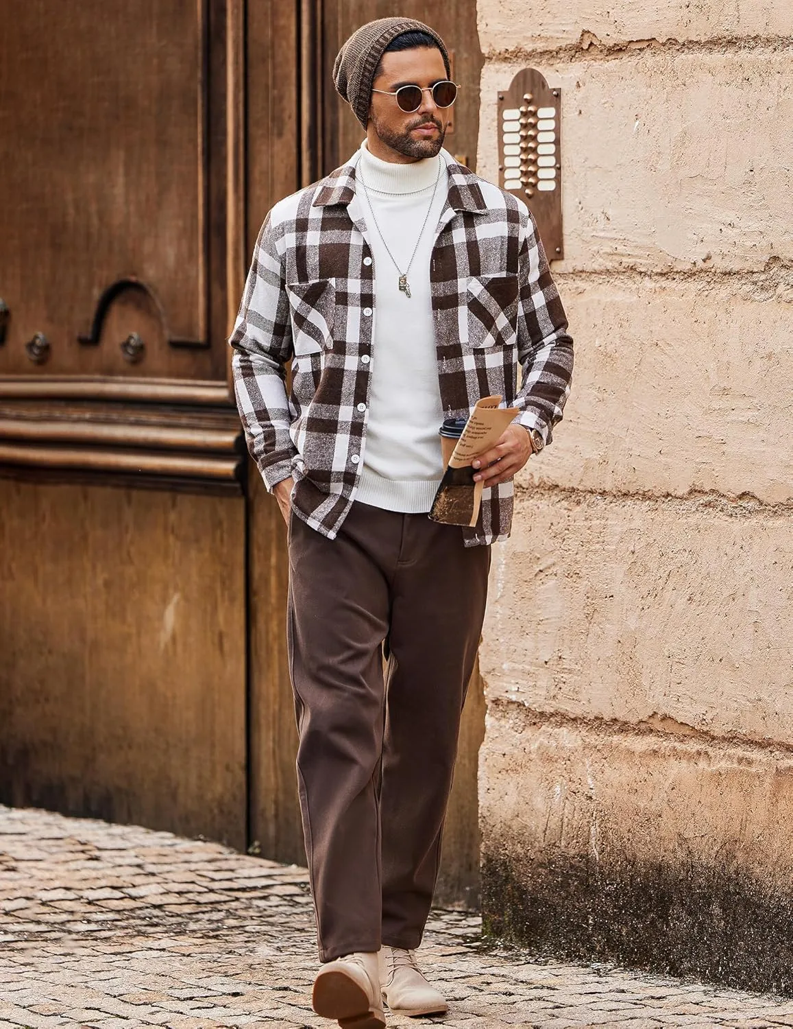 COOFANDY Men's Flannel Shirts Casual Button Down Plaid Shirt Jacket Long Sleeve Fleece Shacket with Pockets