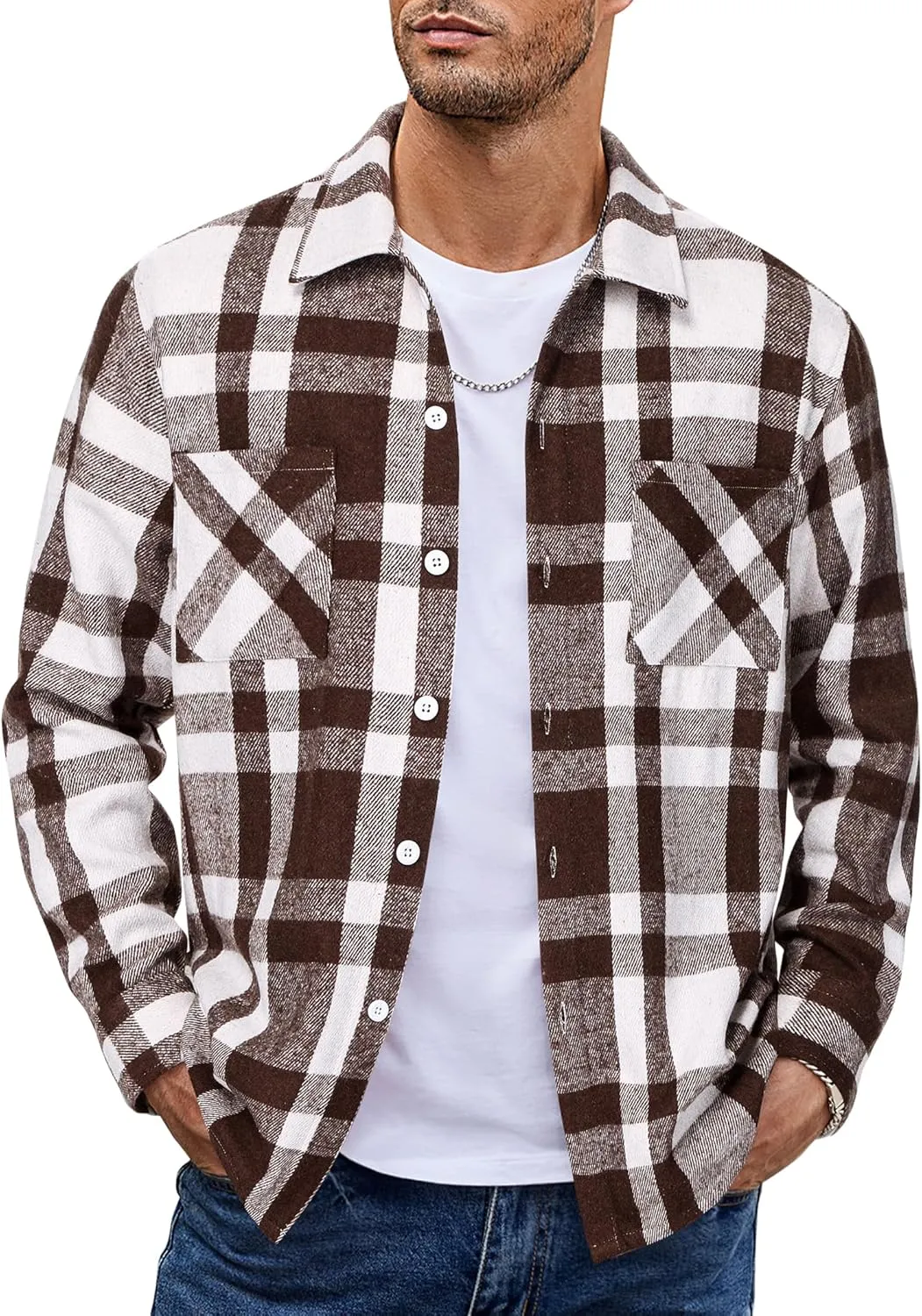COOFANDY Men's Flannel Shirts Casual Button Down Plaid Shirt Jacket Long Sleeve Fleece Shacket with Pockets