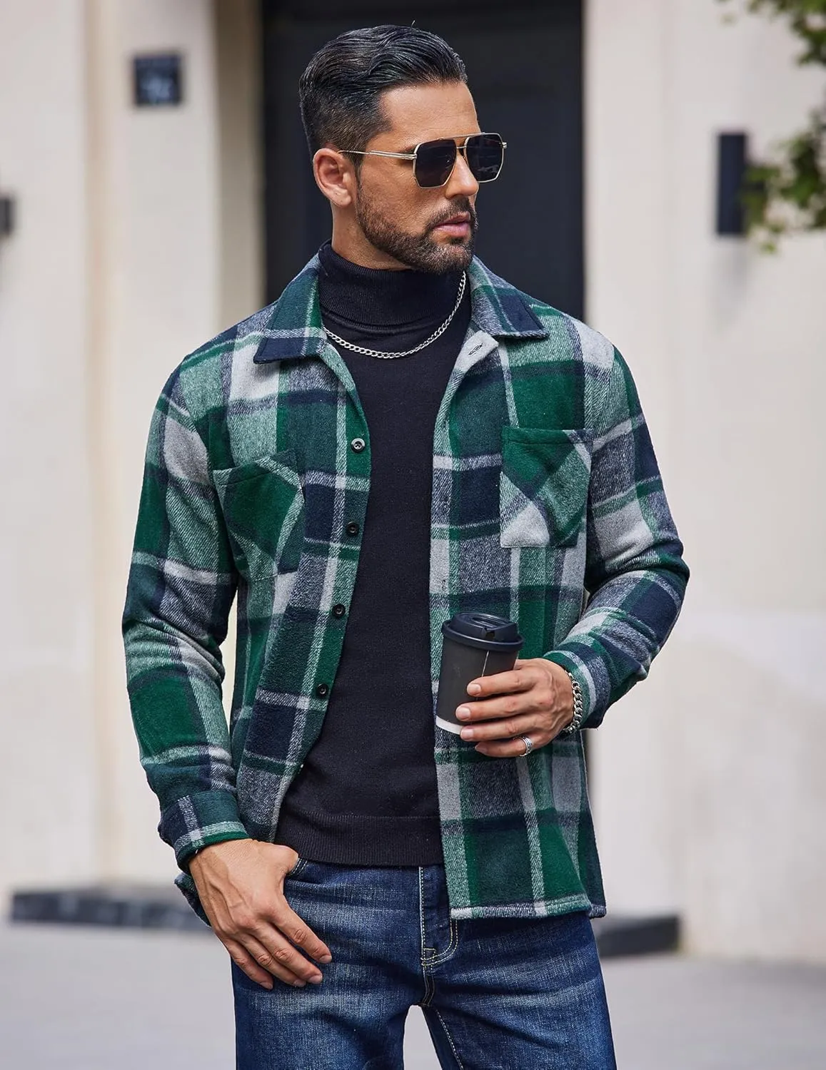 COOFANDY Men's Flannel Shirts Casual Button Down Plaid Shirt Jacket Long Sleeve Fleece Shacket with Pockets
