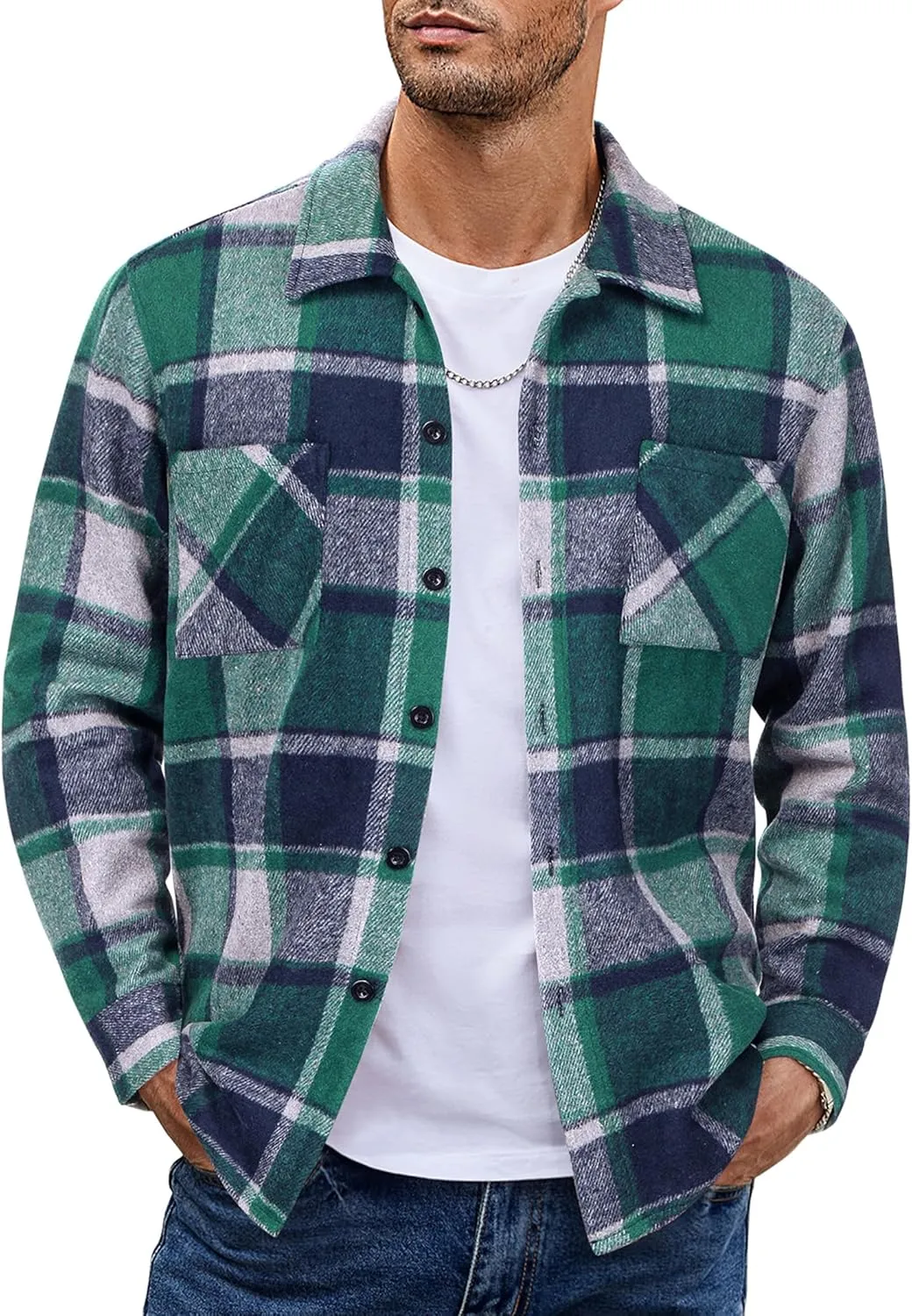 COOFANDY Men's Flannel Shirts Casual Button Down Plaid Shirt Jacket Long Sleeve Fleece Shacket with Pockets