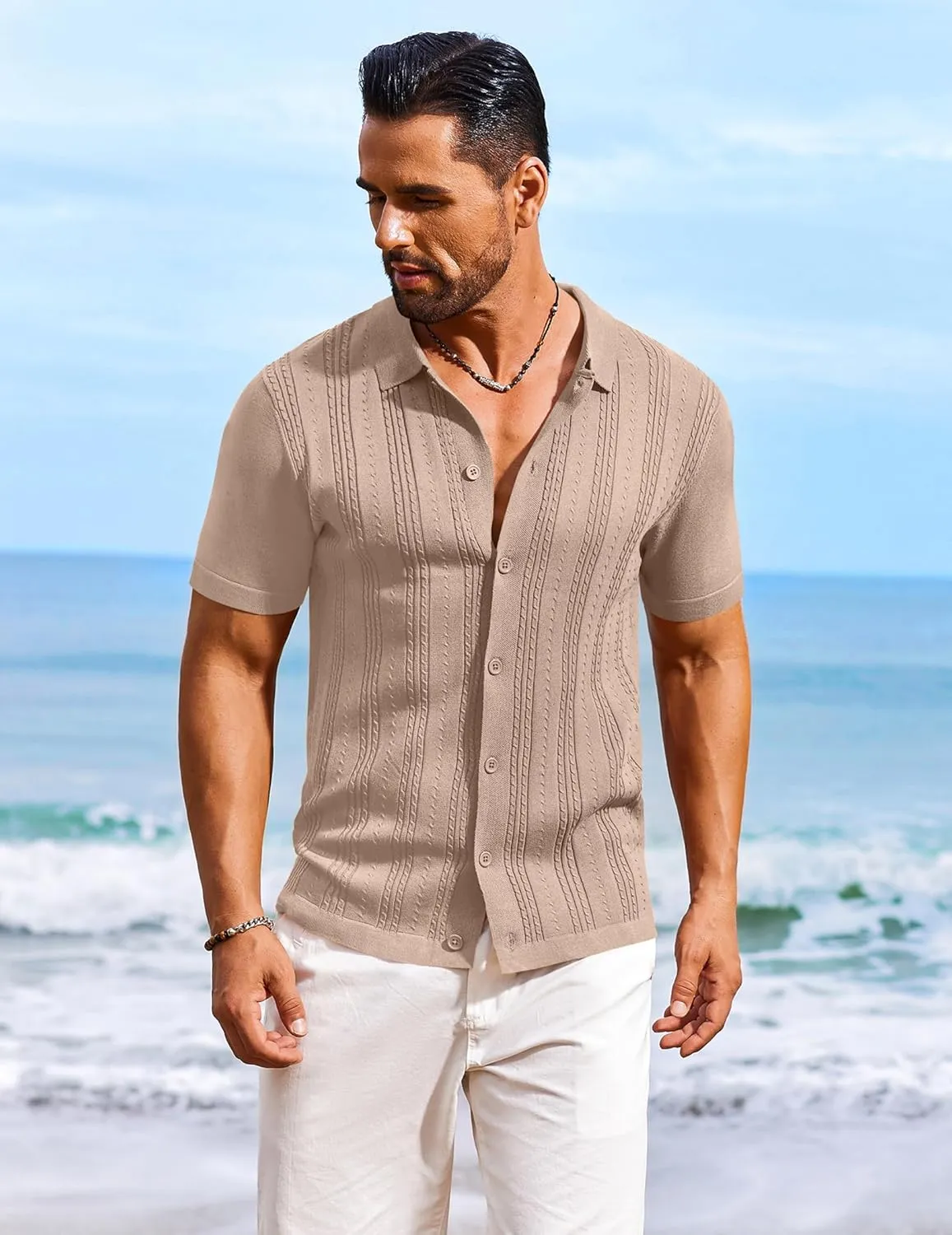 COOFANDY Men's Knit Shirts Short Sleeve Casual Button Down Polo Shirt Summer Beach Vacation Shirts
