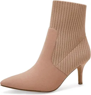 Coutgo Women's Pointed Toe Ankle Boots Stiletto Kitten Heel Knit Faux Suede Winter Sock Booties