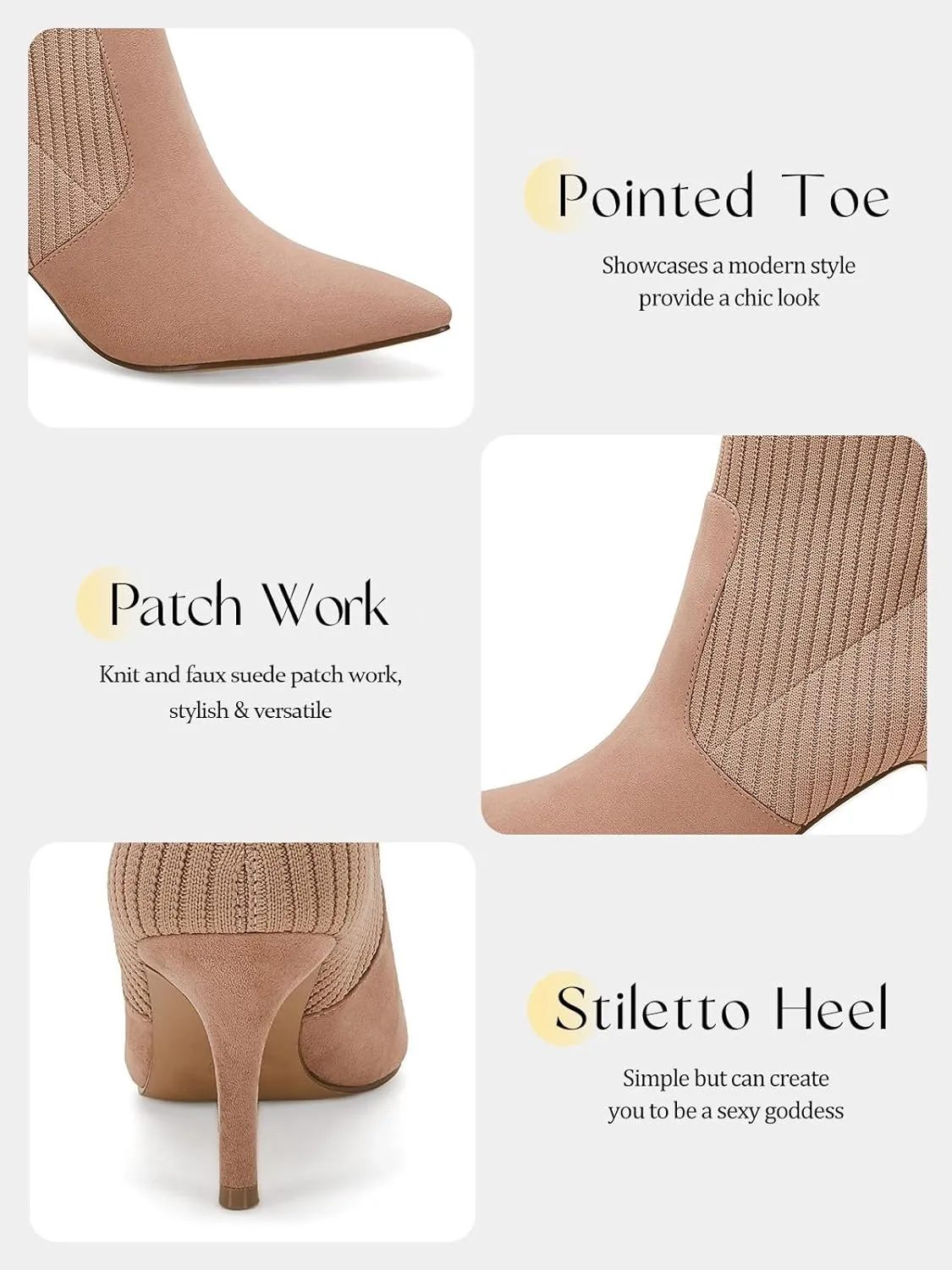 Coutgo Women's Pointed Toe Ankle Boots Stiletto Kitten Heel Knit Faux Suede Winter Sock Booties