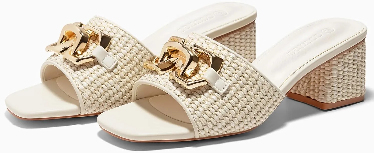 Coutgo Womens Raffia Slide Sandals Chunky Block Heeled Square Open Toe Metal Chain Slip on Mules Dressy Shoes