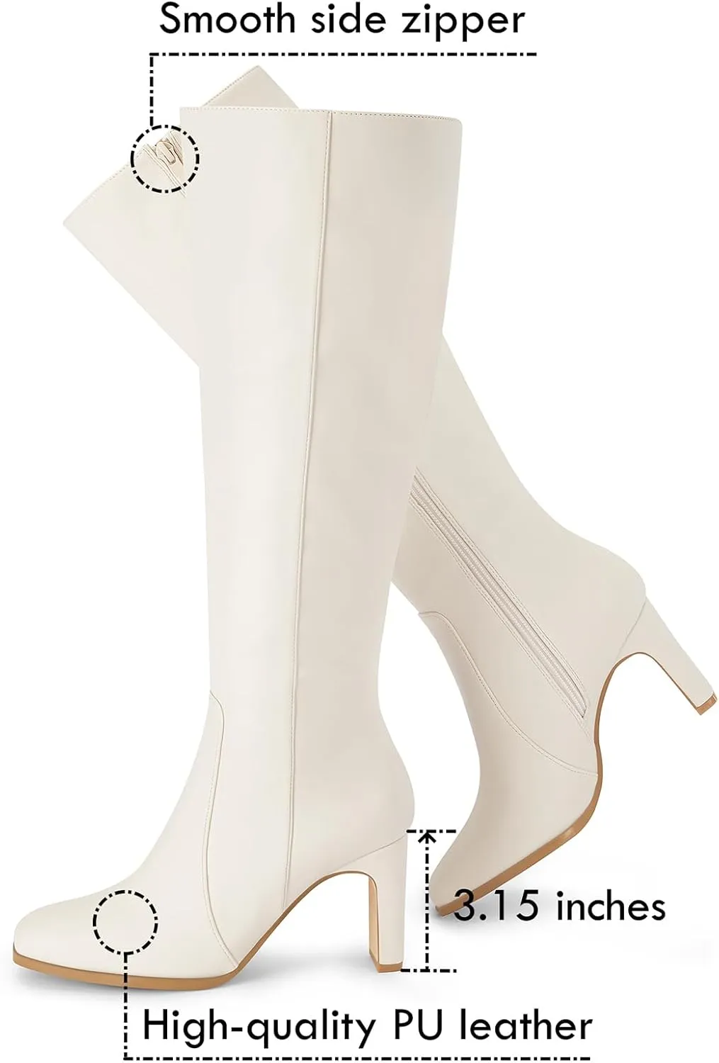 Coutgo Womens Square Toe Knee High Boots Leather Chunky Heel Fashion Dressy Winter Shoes with Side Zipper