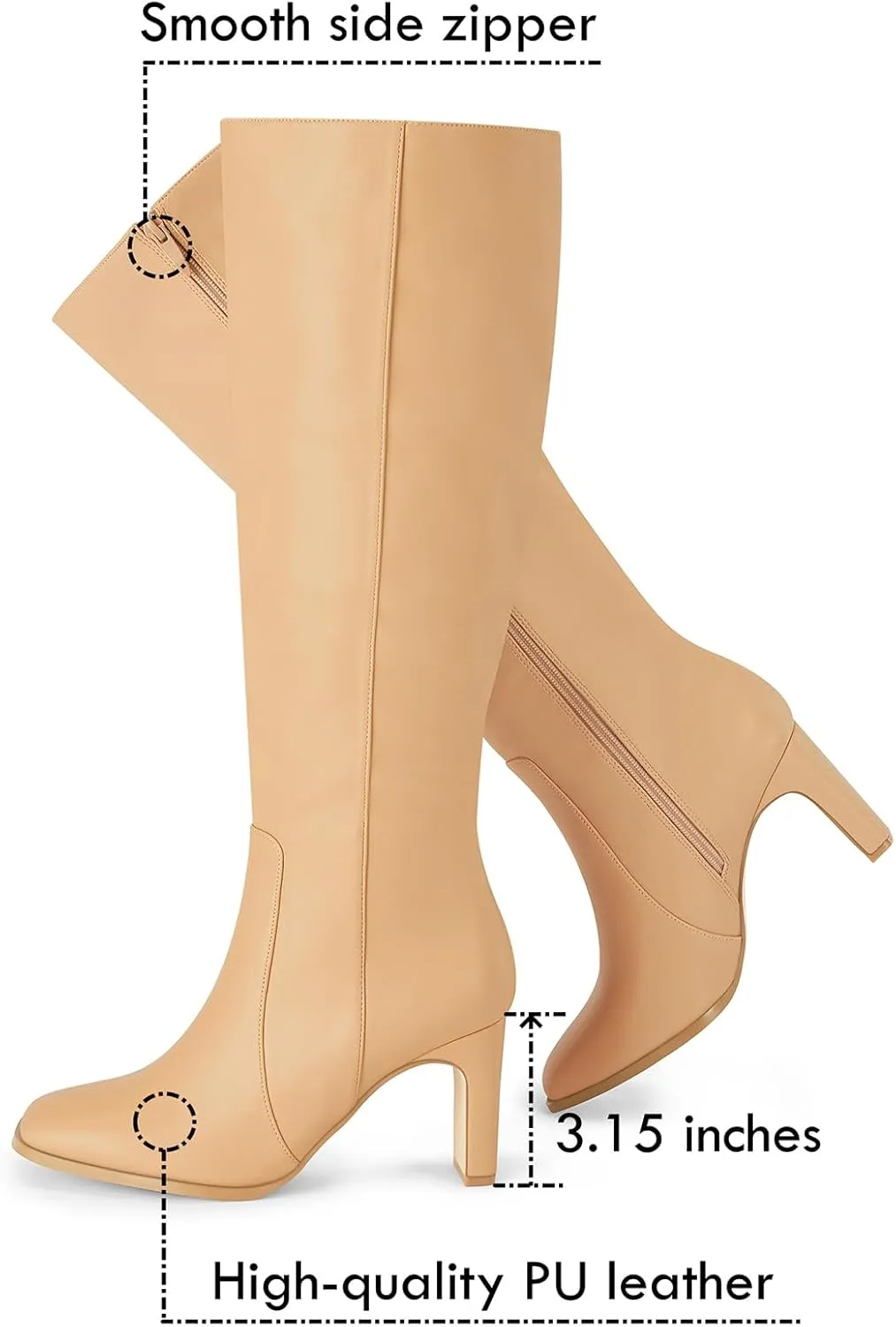 Coutgo Womens Square Toe Knee High Boots Leather Chunky Heel Fashion Dressy Winter Shoes with Side Zipper