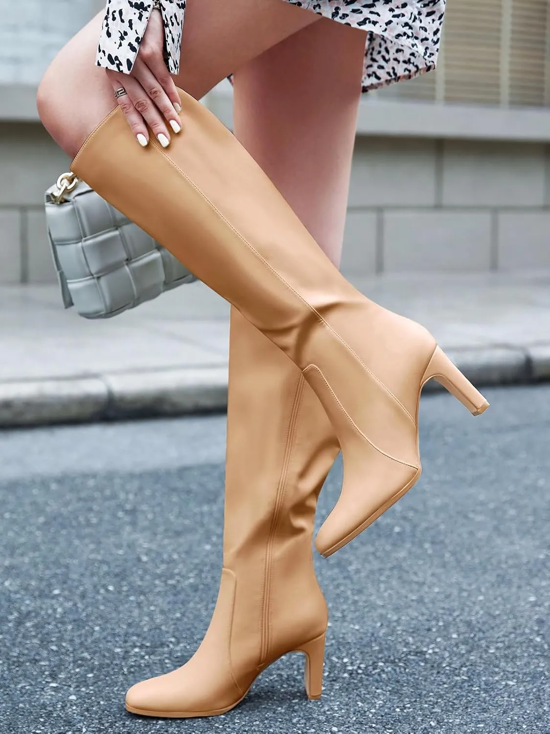 Coutgo Womens Square Toe Knee High Boots Leather Chunky Heel Fashion Dressy Winter Shoes with Side Zipper