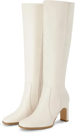 Coutgo Womens Square Toe Knee High Boots Leather Chunky Heel Fashion Dressy Winter Shoes with Side Zipper