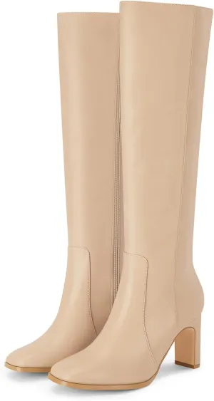 Coutgo Womens Square Toe Knee High Boots Leather Chunky Heel Fashion Dressy Winter Shoes with Side Zipper