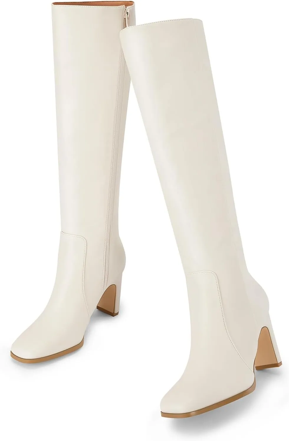 Coutgo Womens Square Toe Knee High Boots Leather Chunky Heel Fashion Dressy Winter Shoes with Side Zipper
