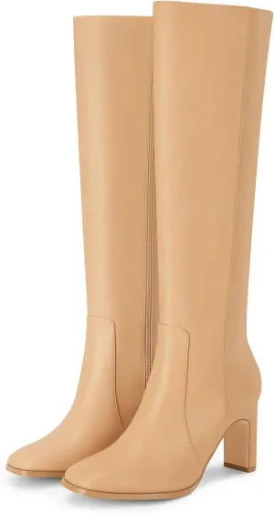 Coutgo Womens Square Toe Knee High Boots Leather Chunky Heel Fashion Dressy Winter Shoes with Side Zipper