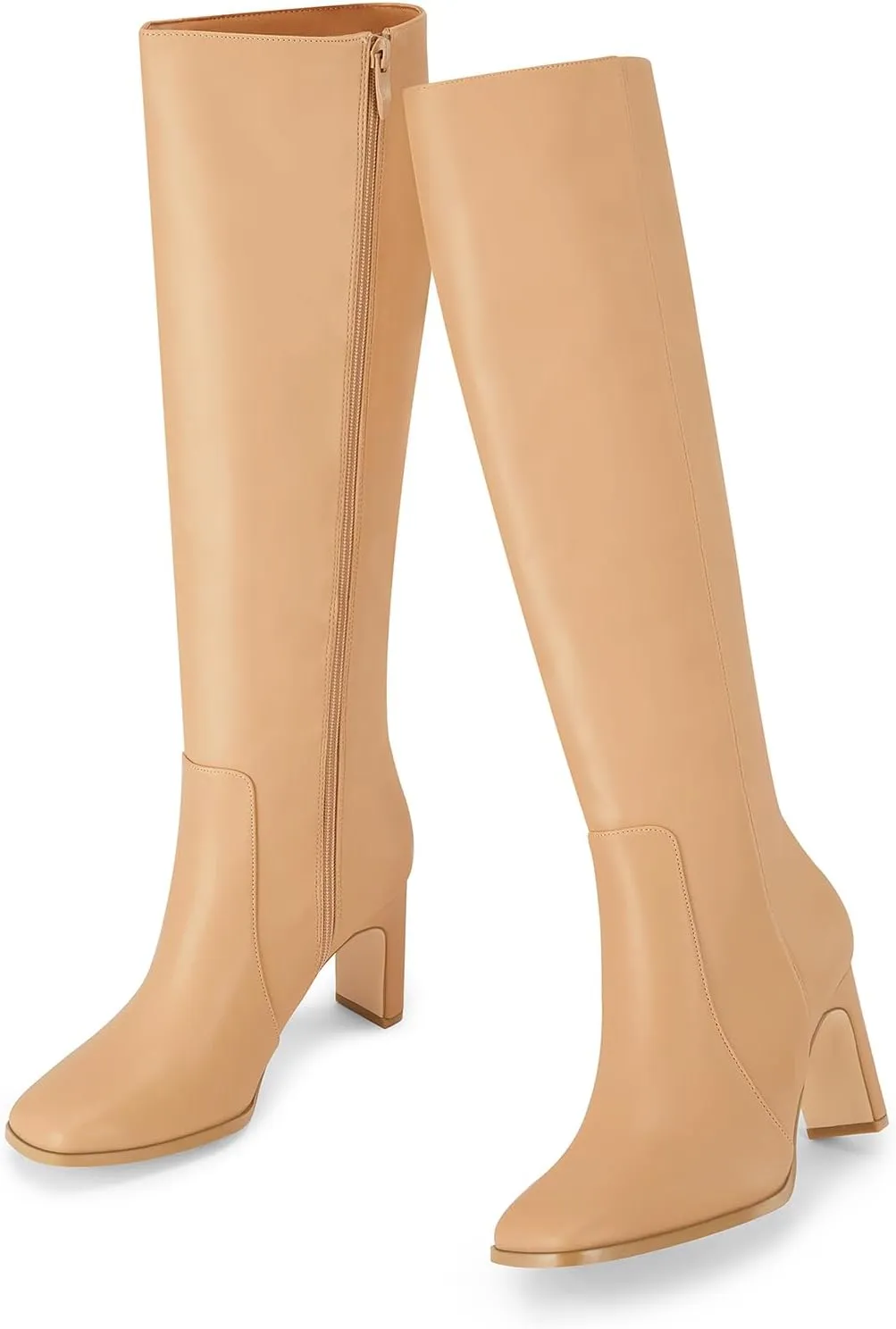 Coutgo Womens Square Toe Knee High Boots Leather Chunky Heel Fashion Dressy Winter Shoes with Side Zipper