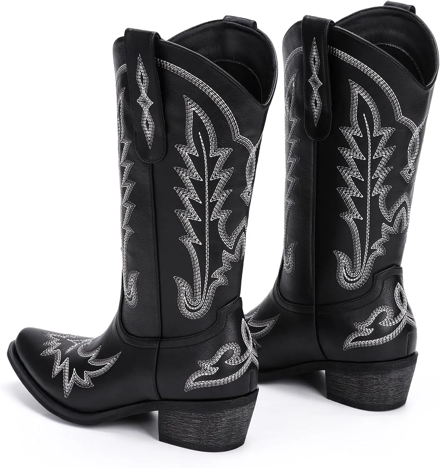Cowboy Boots for Women - Cowgirl Boots with Embroidery, Chunky Heel Pointed Toe Pull-on Vintage Western Mid Calf Fashion Boots for Ladies
