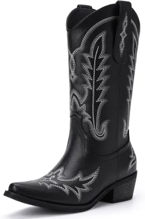 Cowboy Boots for Women - Cowgirl Boots with Embroidery, Chunky Heel Pointed Toe Pull-on Vintage Western Mid Calf Fashion Boots for Ladies