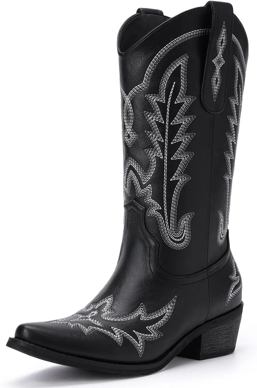 Cowboy Boots for Women - Cowgirl Boots with Embroidery, Chunky Heel Pointed Toe Pull-on Vintage Western Mid Calf Fashion Boots for Ladies