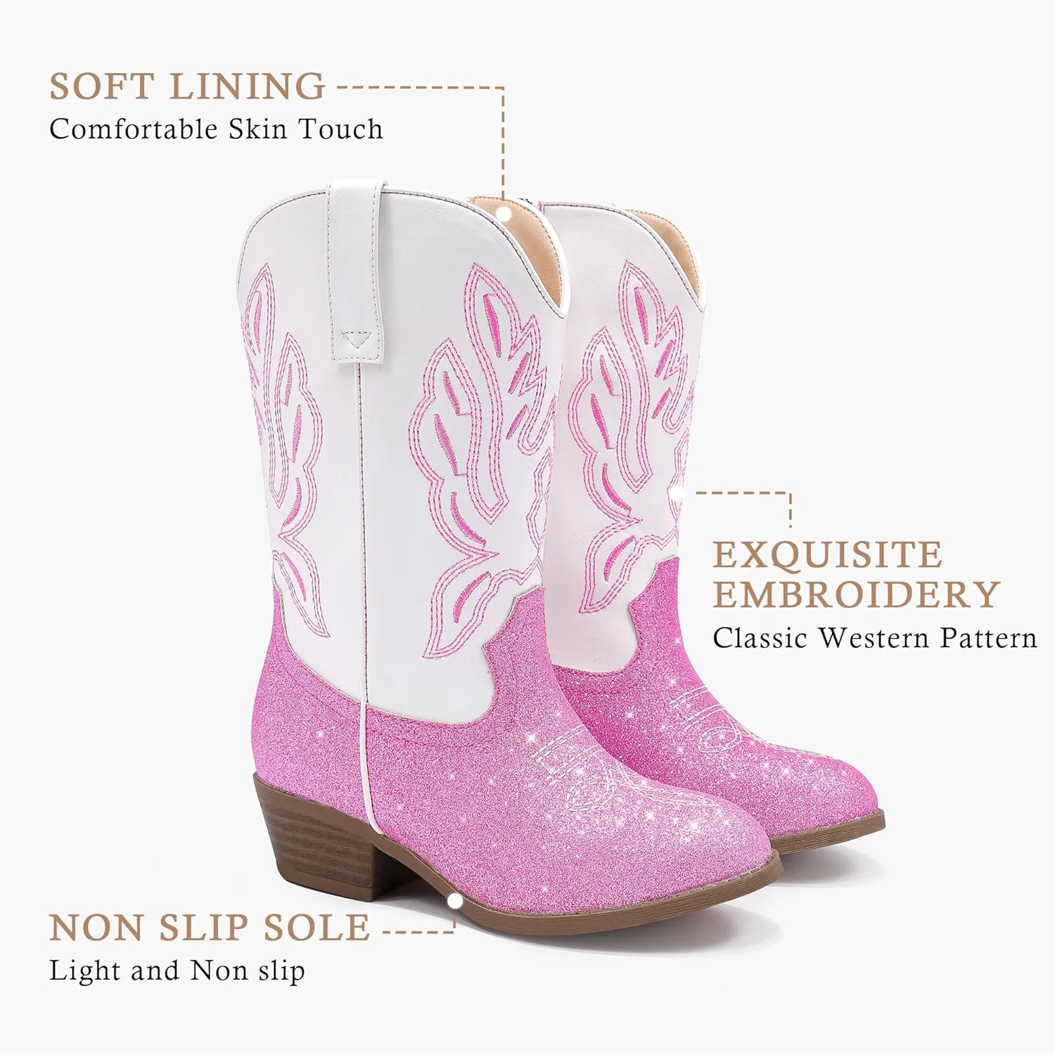 Cowgirl Boots for Little Girls Mid Calf Pointed Toe Kid Cowboy Boots Side Zipper Classic Embroidered Western Boots Horse Riding Shoes Party for Toddler Little Big Kids