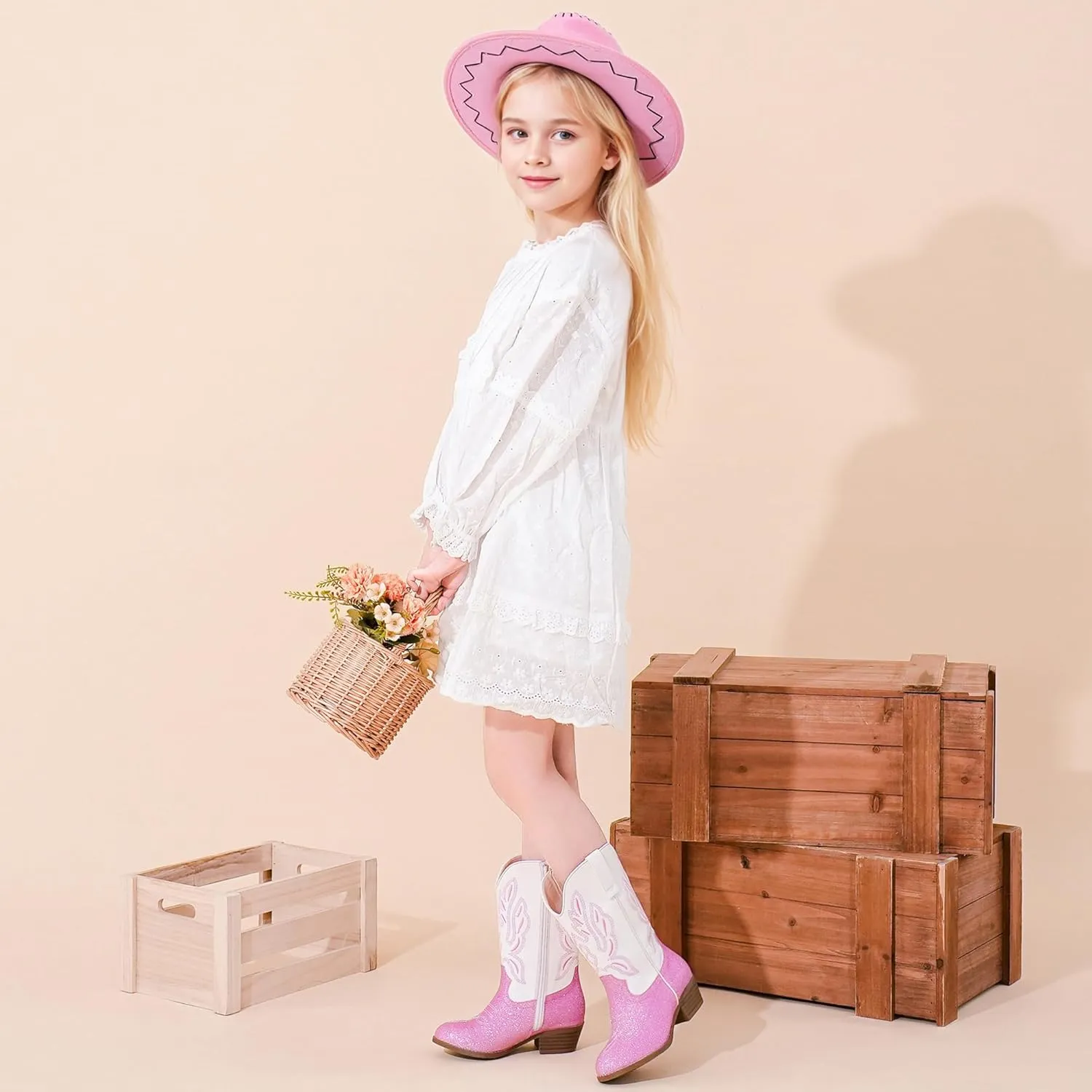 Cowgirl Boots for Little Girls Mid Calf Pointed Toe Kid Cowboy Boots Side Zipper Classic Embroidered Western Boots Horse Riding Shoes Party for Toddler Little Big Kids