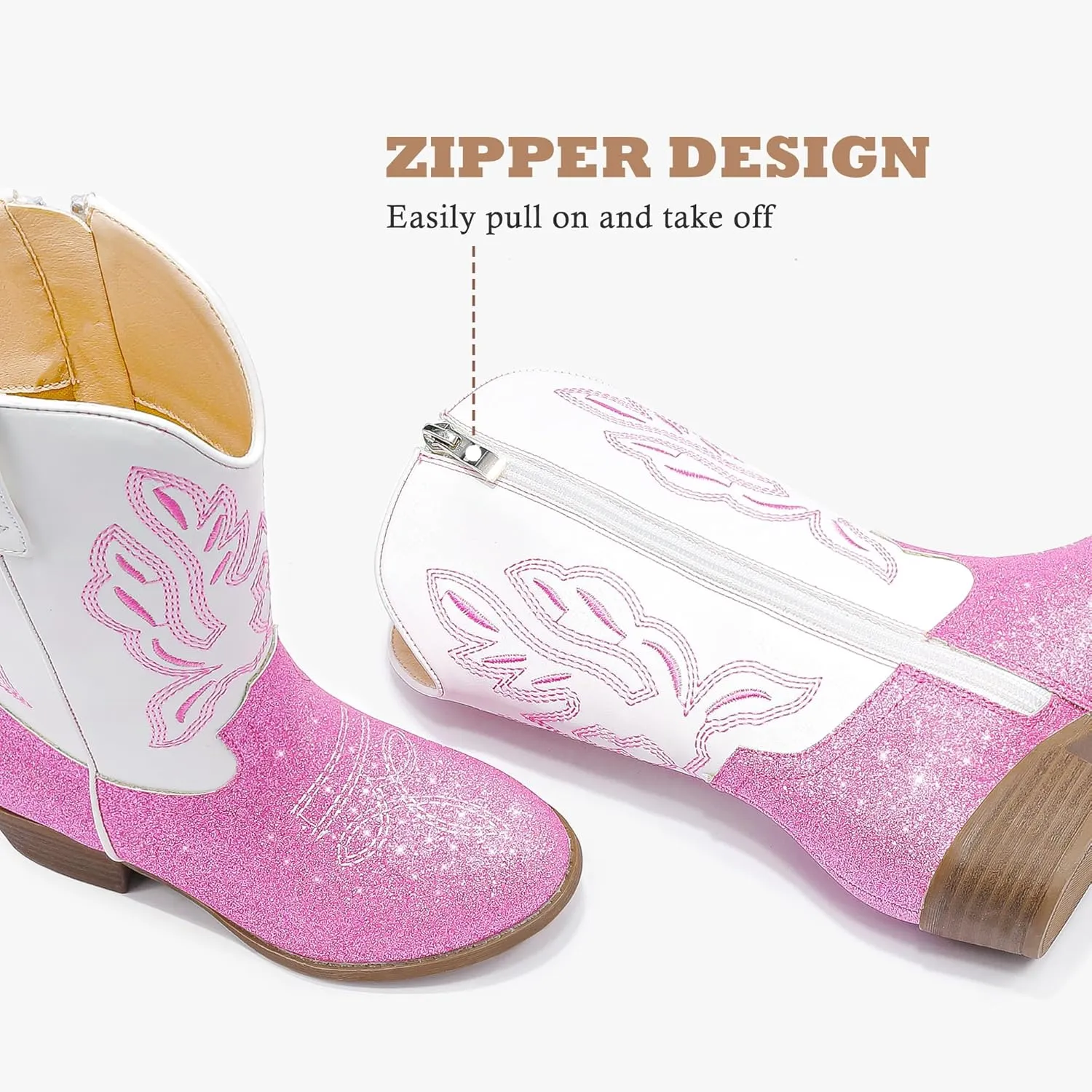 Cowgirl Boots for Little Girls Mid Calf Pointed Toe Kid Cowboy Boots Side Zipper Classic Embroidered Western Boots Horse Riding Shoes Party for Toddler Little Big Kids