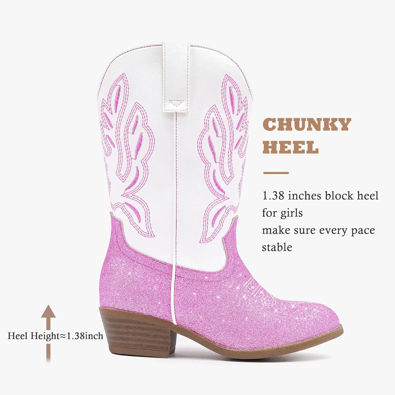 Cowgirl Boots for Little Girls Mid Calf Pointed Toe Kid Cowboy Boots Side Zipper Classic Embroidered Western Boots Horse Riding Shoes Party for Toddler Little Big Kids