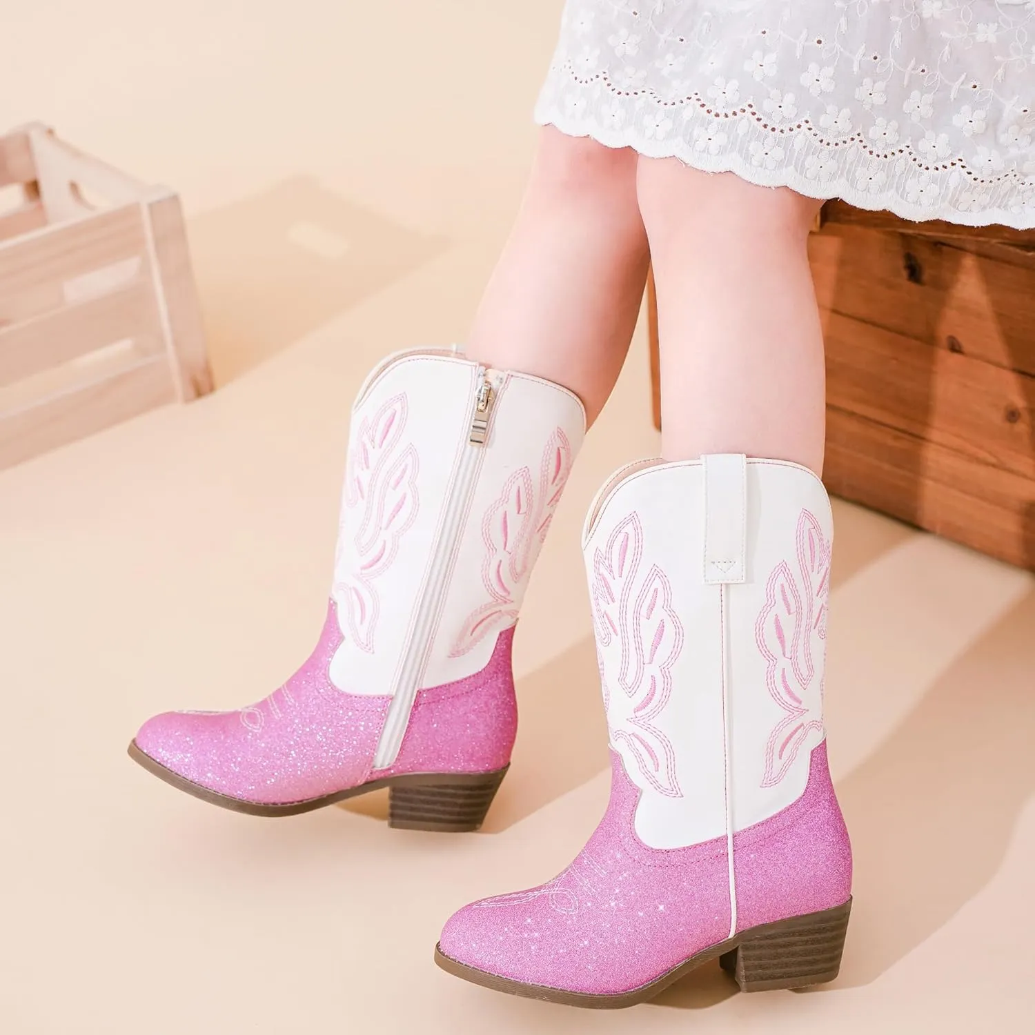 Cowgirl Boots for Little Girls Mid Calf Pointed Toe Kid Cowboy Boots Side Zipper Classic Embroidered Western Boots Horse Riding Shoes Party for Toddler Little Big Kids