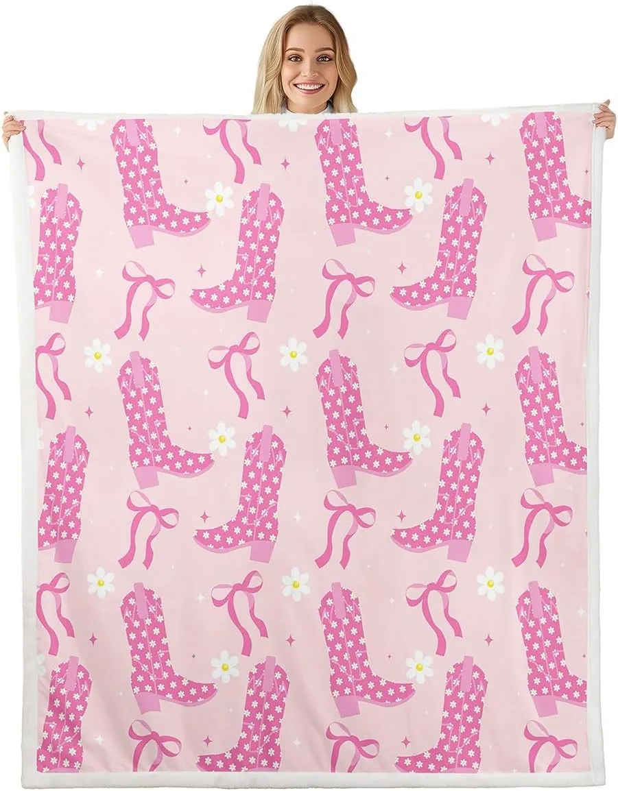 Cowgirls Throw Blanket Pink Cowboy Boots Cute Bows Fleece Blanket, Pink Bowknot Boots Western Cozy Throws for Bed Couch Sofa, Kids Women Princess Room Decor, Soft and Breathable(50 x 60 Inches)