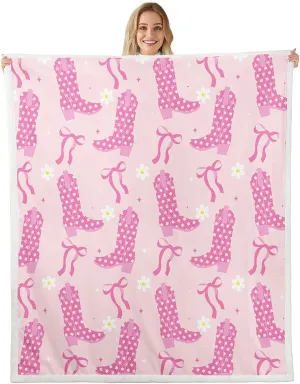 Cowgirls Throw Blanket Pink Cowboy Boots Cute Bows Fleece Blanket, Pink Bowknot Boots Western Cozy Throws for Bed Couch Sofa, Kids Women Princess Room Decor, Soft and Breathable(50 x 60 Inches)