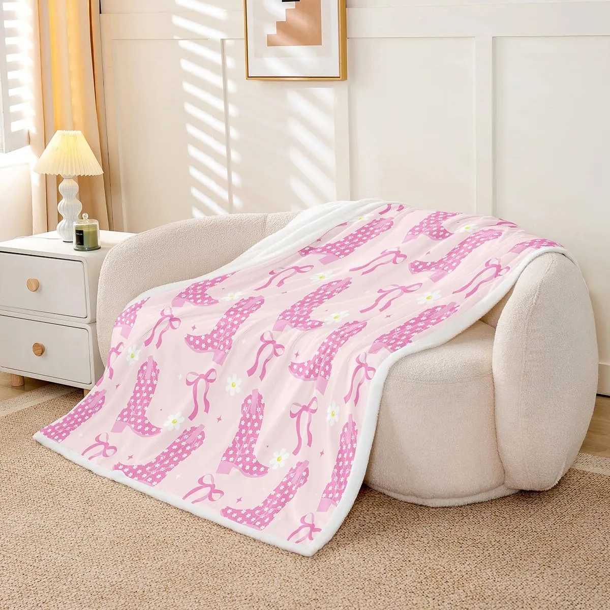 Cowgirls Throw Blanket Pink Cowboy Boots Cute Bows Fleece Blanket, Pink Bowknot Boots Western Cozy Throws for Bed Couch Sofa, Kids Women Princess Room Decor, Soft and Breathable(50 x 60 Inches)