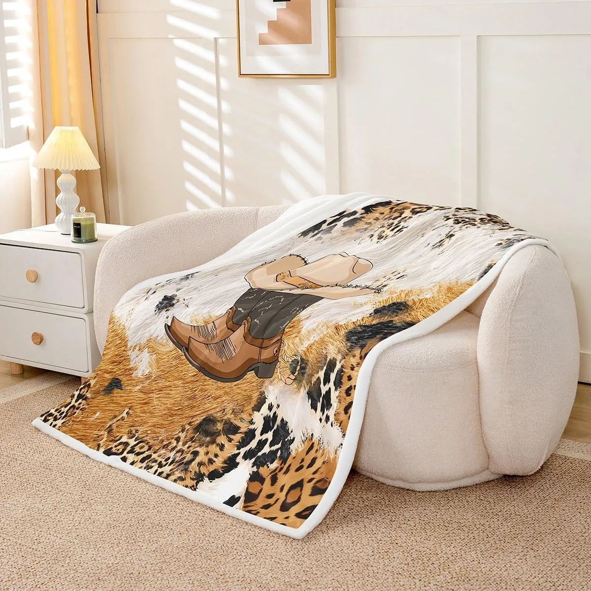 Cowhide Fleece Throw Blanket Western Cowboy Boots Sherpa Blanket Leopard Print Plush Blanket Cowboy Fuzzy Blanket Queen 90"x90"