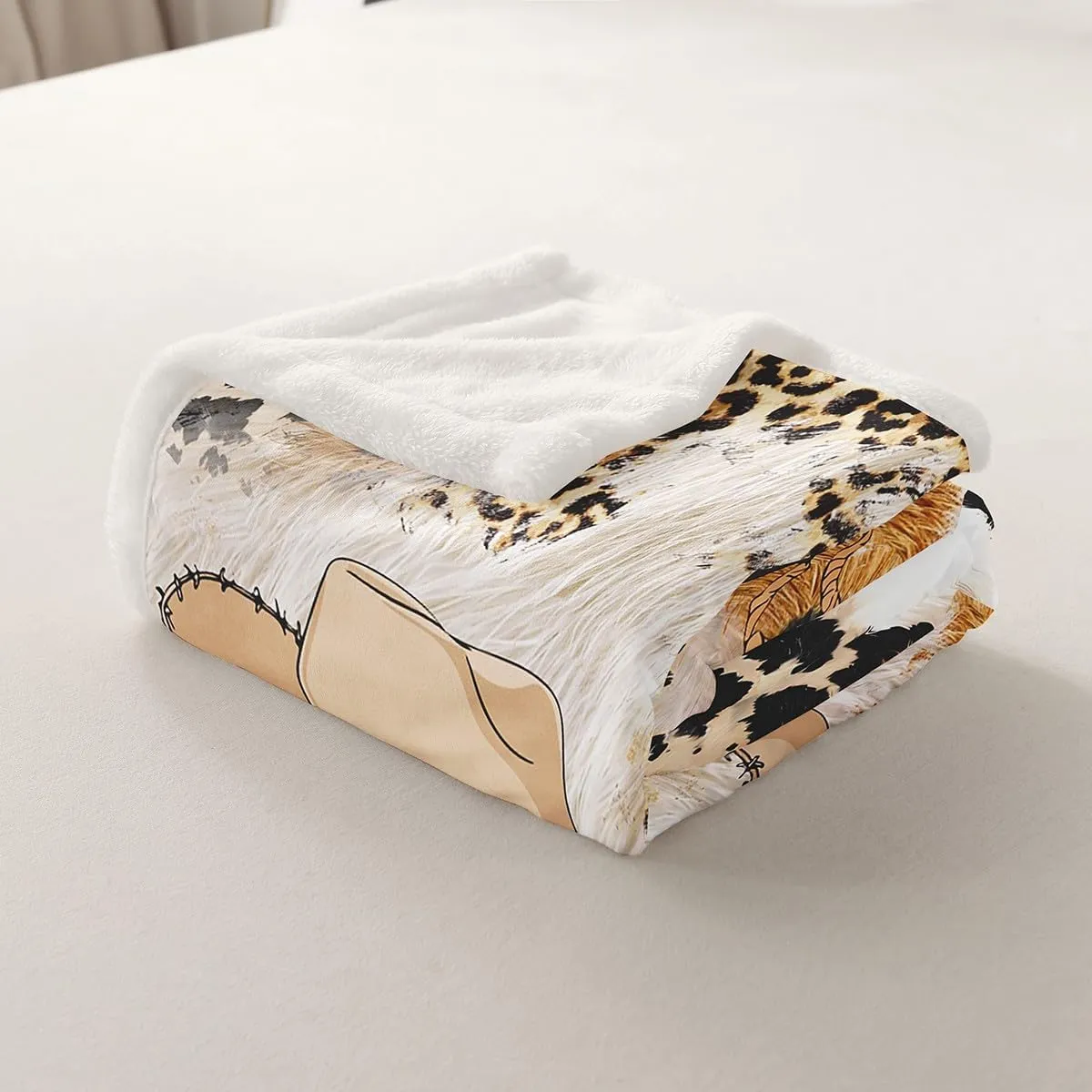 Cowhide Fleece Throw Blanket Western Cowboy Boots Sherpa Blanket Leopard Print Plush Blanket Cowboy Fuzzy Blanket Queen 90"x90"