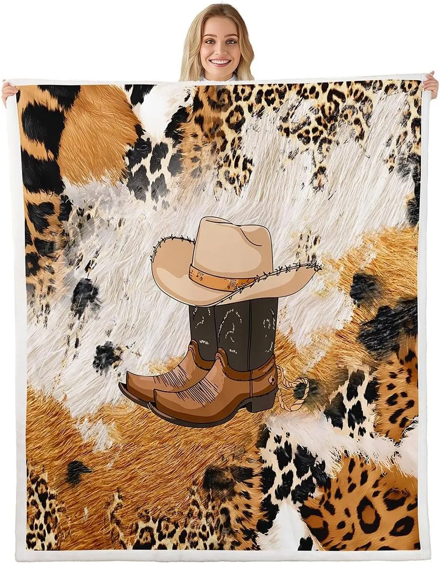 Cowhide Fleece Throw Blanket Western Cowboy Boots Sherpa Blanket Leopard Print Plush Blanket Cowboy Fuzzy Blanket Queen 90"x90"