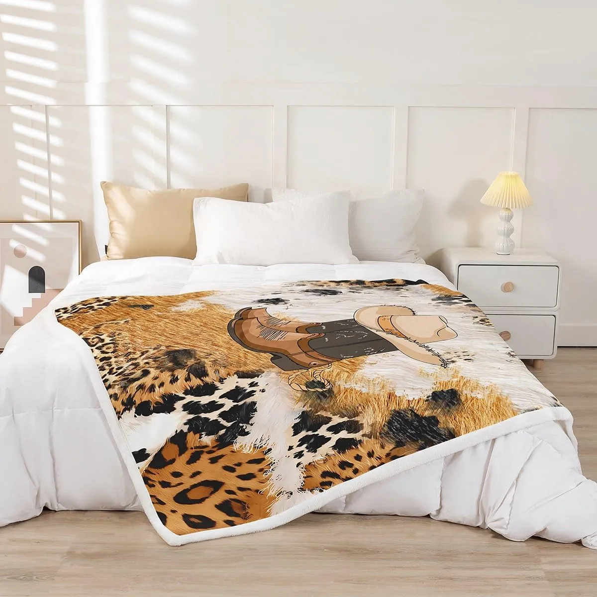 Cowhide Fleece Throw Blanket Western Cowboy Boots Sherpa Blanket Leopard Print Plush Blanket Cowboy Fuzzy Blanket Queen 90"x90"