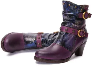 CrazycatZ Womens Block Heels Leather Ankle Boots Vintage Mid Calf Colorful Boots