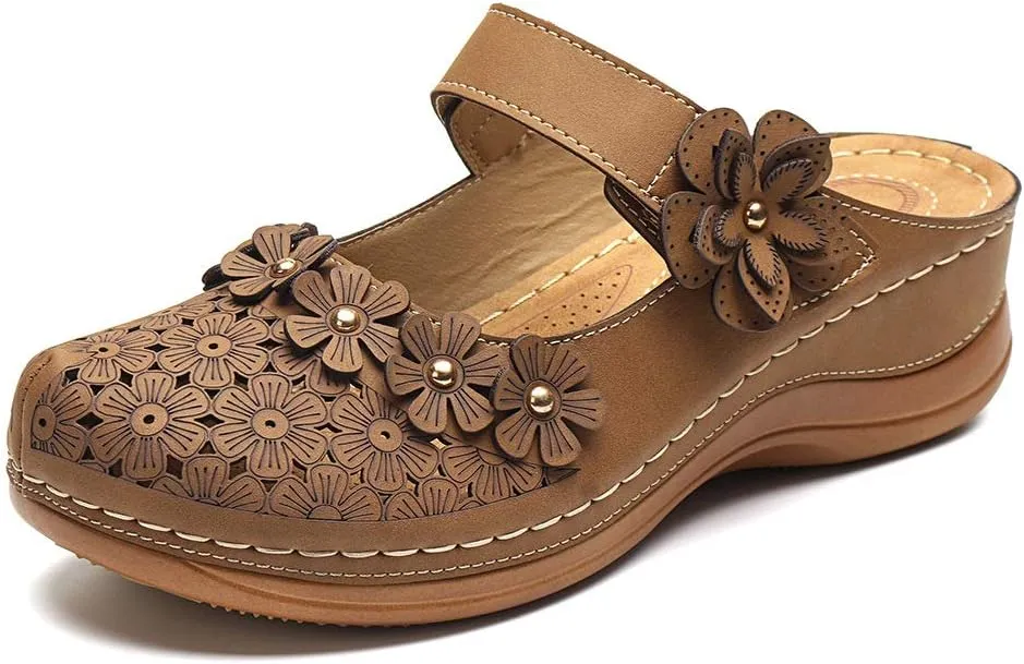 CrazycatZ Womens Summer Slipper PU Leather Comfort Mules Outdoor Beach Shoes Vintage Antil Slip Wedge Flowers Sandals Clogs