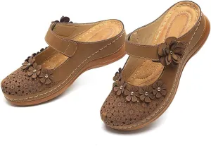 CrazycatZ Womens Summer Slipper PU Leather Comfort Mules Outdoor Beach Shoes Vintage Antil Slip Wedge Flowers Sandals Clogs