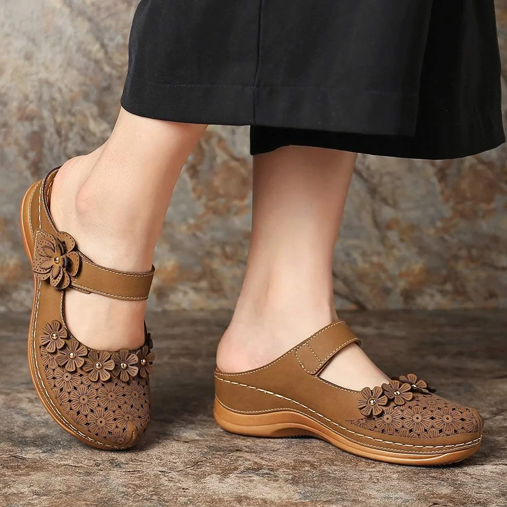 CrazycatZ Womens Summer Slipper PU Leather Comfort Mules Outdoor Beach Shoes Vintage Antil Slip Wedge Flowers Sandals Clogs